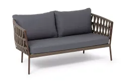 "Диего" диван 2-местный плетеный из роупа, каркас алюминий коричневый (RAL8016) муар, роуп коричневый круглый, ткань темно-серая 027