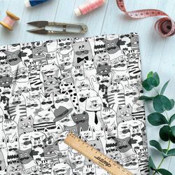 Ткань блэкаут бело-серые коты из мультиков