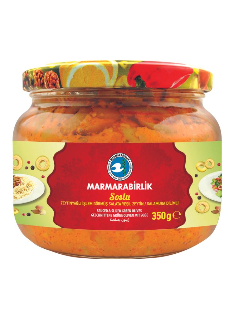 Оливки Marmarabirlik зеленые резаные в соусе, 350 г