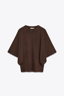 ZARA ФУТБОЛКА ИЗ ТКАНИ С ЭФФЕКТОМ ПОТЕРТОСТИ С ШИРОКИМИ РУКАВАМИ, КОРИЧНЕВЫЙ