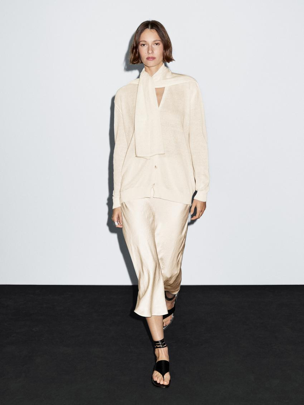 Massimo Dutti Кардиган из смесового льна с шарфом, натуральный, кремовый