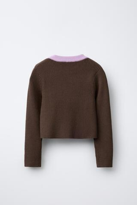 ZARA X CHAMPION ® ДЖЕМПЕР В РУБЧИК С КОНТРАСТНЫМ ВОРОТНИКОМ, ШОКОЛАДНО-КОРИЧНЕВЫЙ