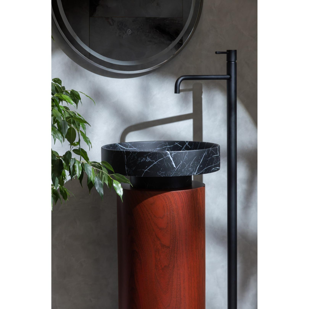 Раковина накладная Boheme Sole Corian 400*130 Nero Marquina с пьедесталом Corian 300*720 Red Wood