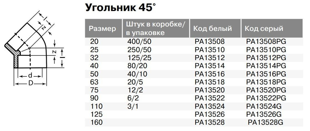 Угольник PPR 45° Ду20-90, серый, Pro Aqua