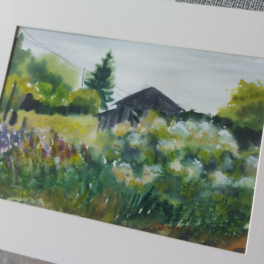 Картина авторская акварельная в паспарту 30х40 см на стену для интерьера "Заброшенный участок"