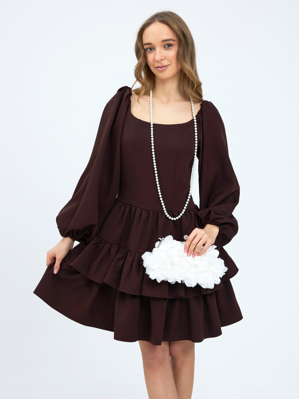 Платье праздничное ярусное с воланами для девочки коричневое