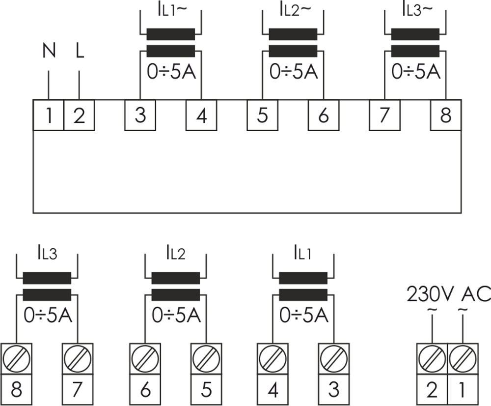 Указатель тока (амперметр) DMA-3T 3-фазный Iизм. 0.05-5; 1-9000 (с внешними ТТ) Uпит. 150-240В AC F&F