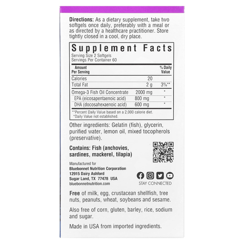 Bluebonnet Nutrition, рыбий жир с омега-3, для здоровья сердца, со вкусом лимона, 120 капсул (1000 мг в каждой)