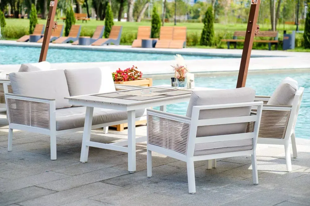 "Сан Ремо" диван 2-местный плетеный из роупа, каркас алюминий белый, роуп бежевый, ткань бежевая