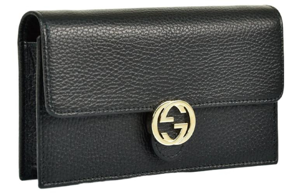 GUCCI Double G Leather WOC Chain Shoulder Messenger Bag Black