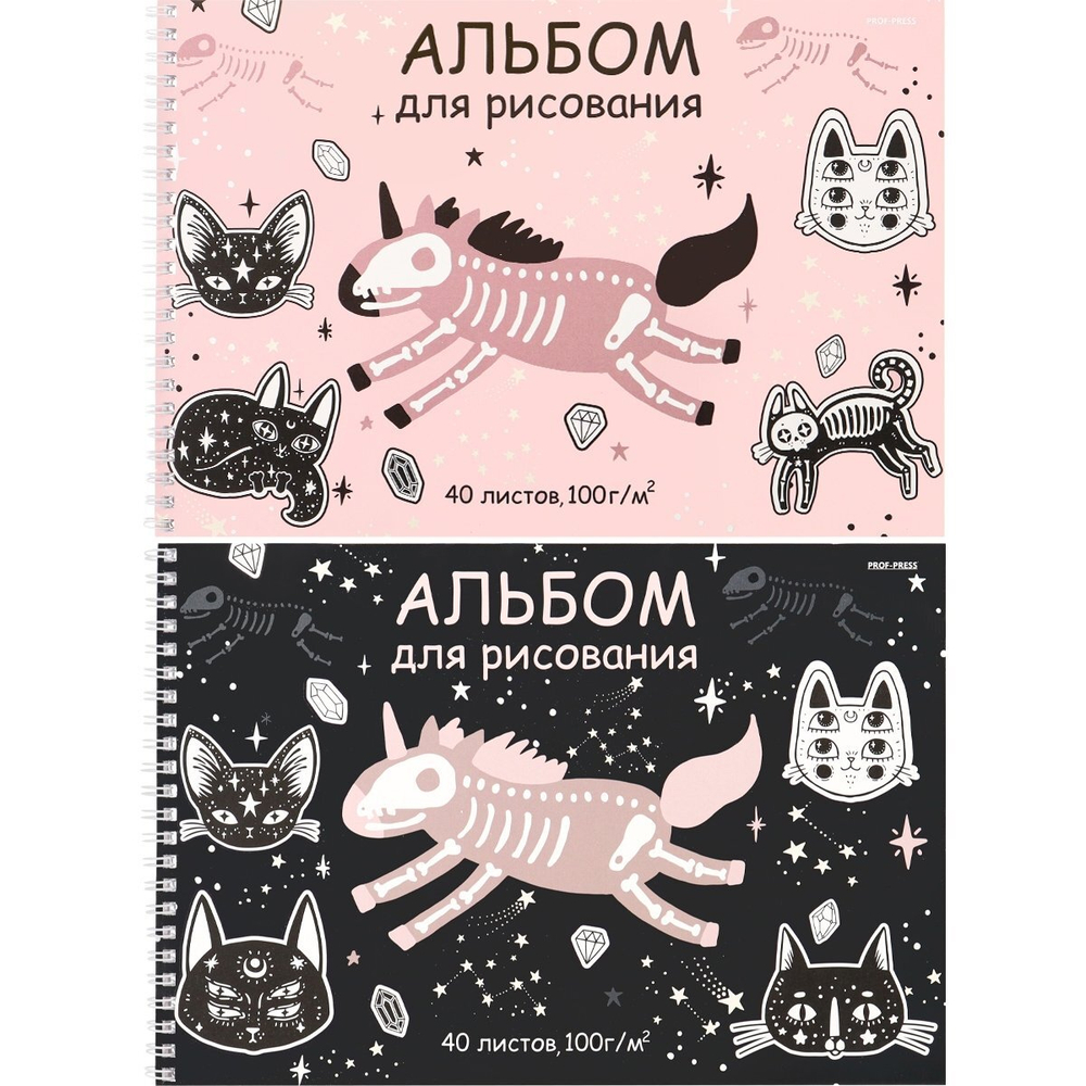 Альбом для рисования А4 40л. Проф-Пресс, гребень, мелованная бумага, блок офсет, 100г/м2, 2 дизайна в спайке "Коты и единорог"