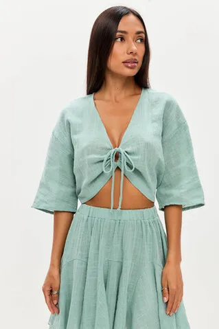 Блуза с завязками из хлопка stone wash мятного цвета