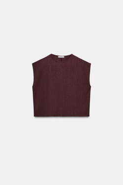 ZARA ТОП В СТИЛЕ РУСТИК БЕЗ РУКАВОВ, БУРГУНДИ