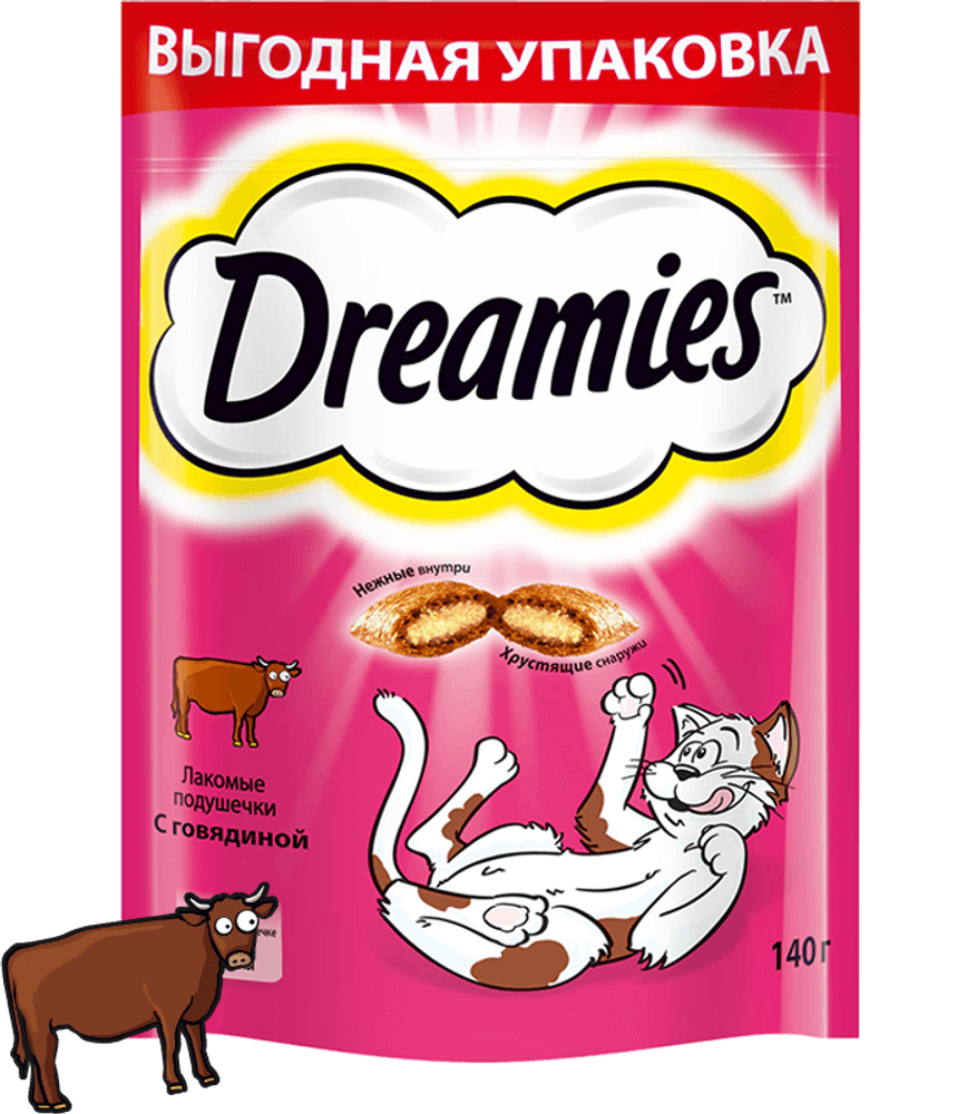 Лакомство Dreamies для кошек, лакомые подушечки с говядиной, 140 г