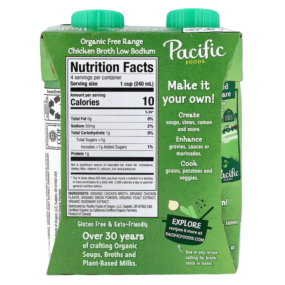Pacific Foods, органический куриный бульон из курицы, с низким содержанием натрия, 4 картонных упаковки по 240 мл (8 жидк. унций)
