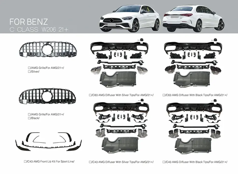 Обвес C43 C63 AMG для Mercedes Benz C-Class W206 2021+ Мерседес Губа Диффузор Выхлопные насадки