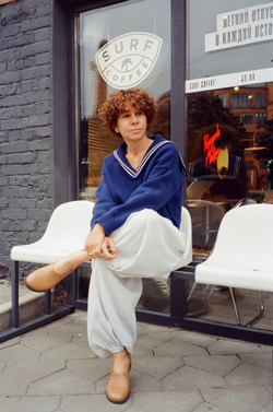 Брюки-аладдины из вискозы в полоску, голубые