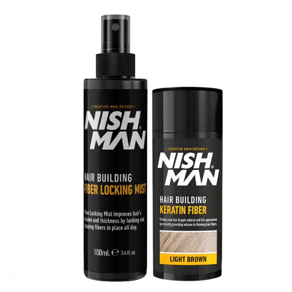 NISHMAN HAIR BUILDING KERATIN FIBER & LOCKING MIST SPRAY SET, Light Brown - Загуститель для светлых волос 2в1