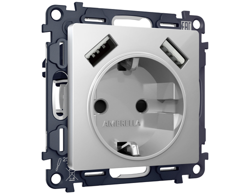 MA409010 Комплект механизма электрической розетки ALFA Серебро глянец 2USB A+A 18W (быстрая зарядка) с/з QUANT (AP4090, VM155)