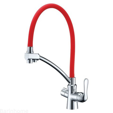 LM3070C-Red Комфорт Смеситель для кухни, с гибким изливом, с подкл. к фильтру пит воды, хром красн