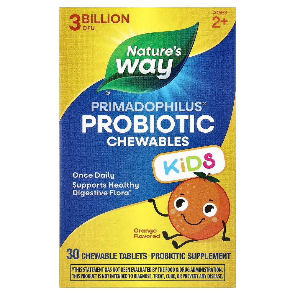 Nature's Way, Primadophilus®, жевательные пробиотики, для детей от 2 лет, с апельсиновым вкусом, 3 млрд КОЕ, 30 жевательных таблеток