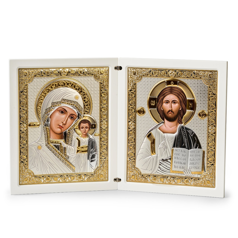 Складень, Казанская БМ, Молитва, икона прямоугольная, белое дерево 260x420