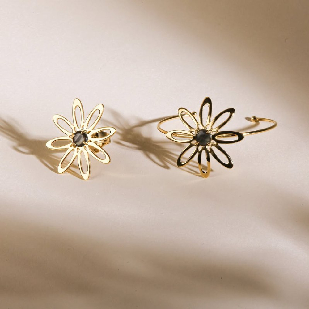 Браслет ORI TAO, Bloom, кафф, цветок с черным перламутром, OT25.2-13-69382 (золотистый)