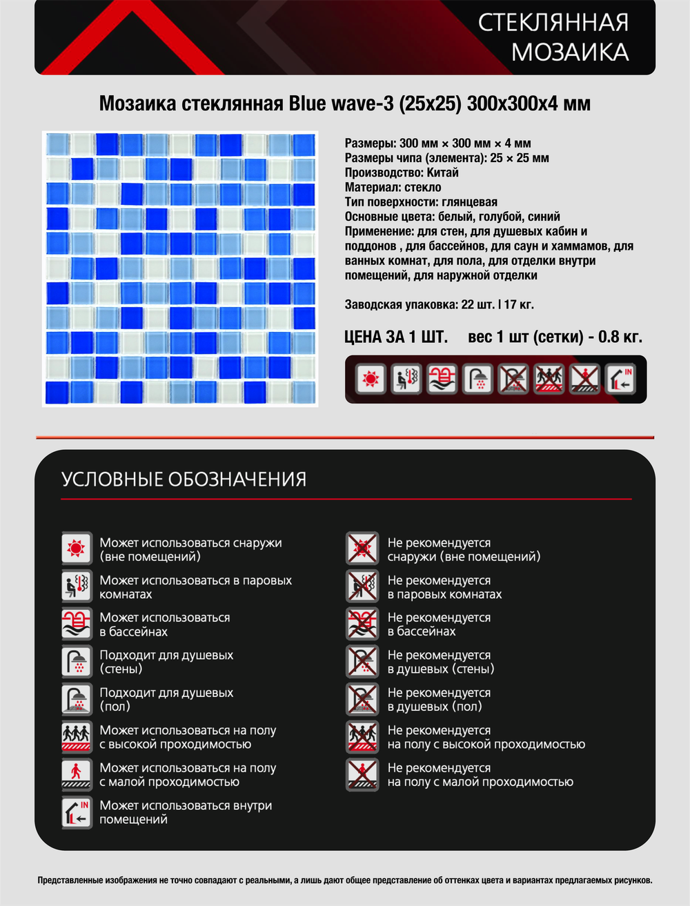Мозаика стеклянная Blue wave-3/Голубая волна-3 (25х25) 300х300х4 мм