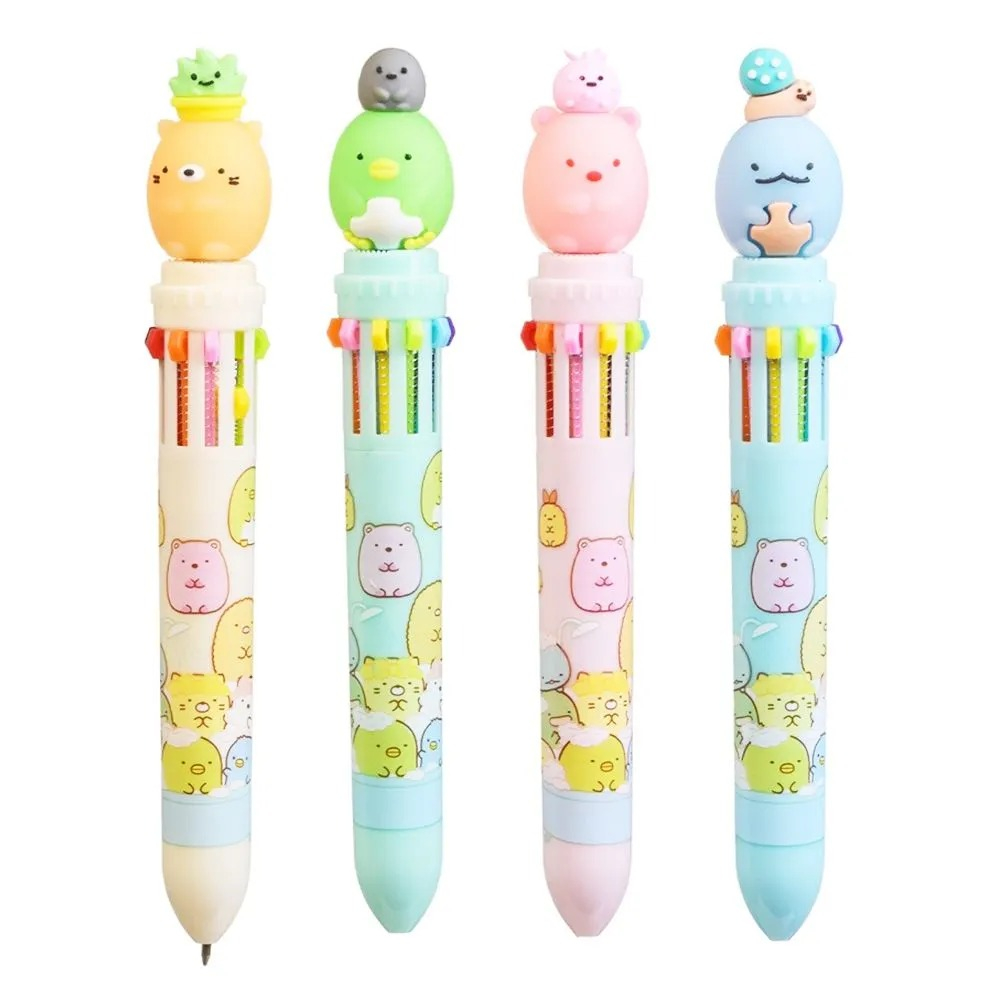 Ручка шариковая автоматическая 10 в 1 с фигуркой милых животных, MC-Basir, Авторучка канцелярская детская 10 цветов с резиновой игрушкой