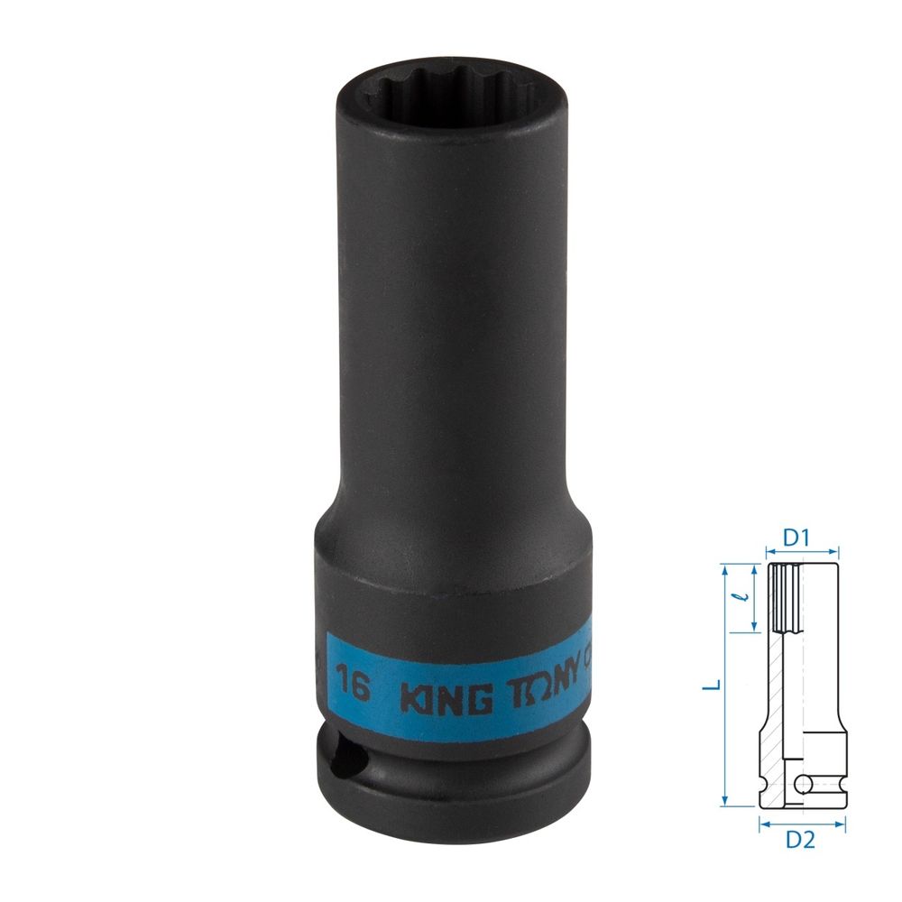 KING TONY (443016M) Головка торцевая ударная глубокая двенадцатигранная 1/2", 16 мм