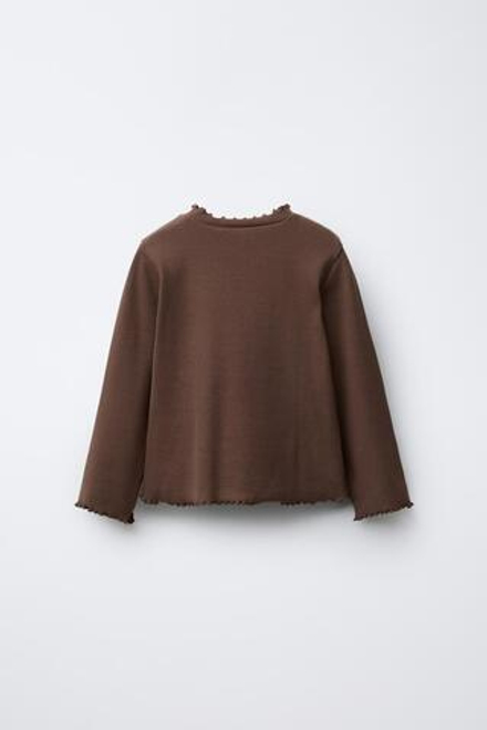 ZARA ФУТБОЛКА В РУБЧИК С ВЫШИВКОЙ, ШОКОЛАДНО-КОРИЧНЕВЫЙ
