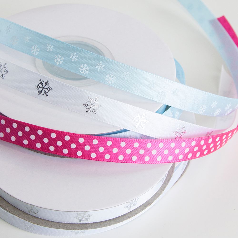 Лента атласная (1 см*22,85 м) Горошек, Ярко-розовый, 1 шт.