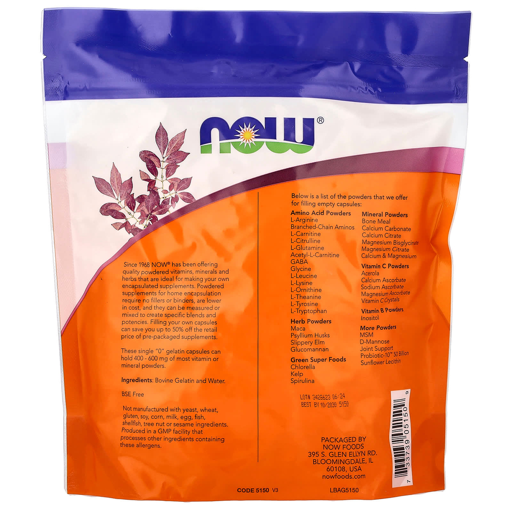 NOW Foods, Одиночные желатиновые капсулы «0», прибл. 1000 пустых желатиновых капсул