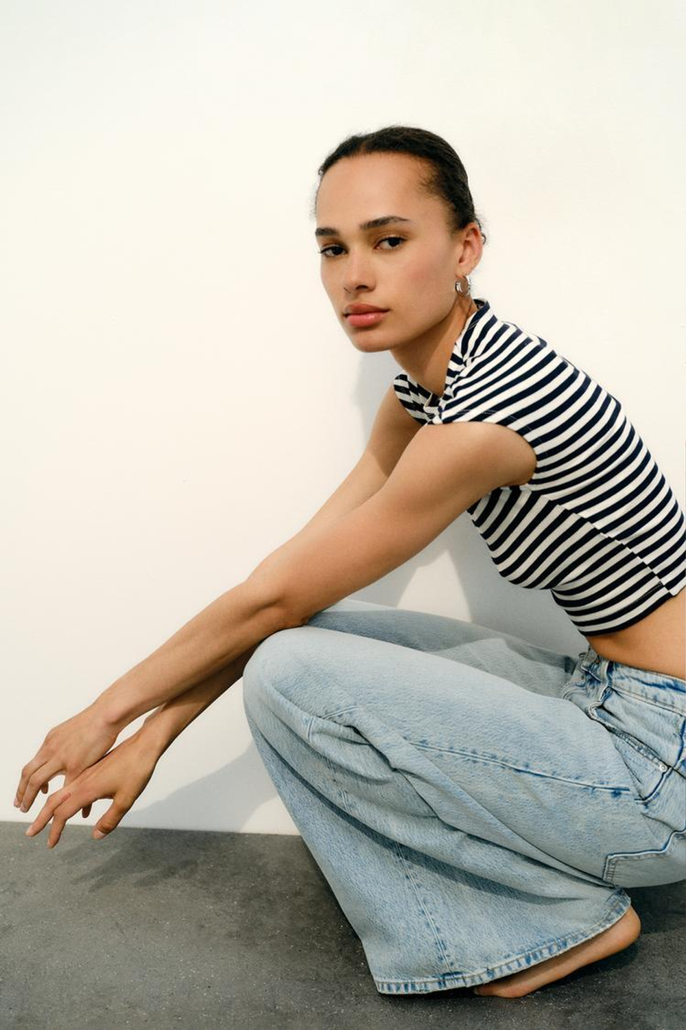 ZARA УКОРОЧЕННЫЙ ТОП ИЗ ХЛОПКА И МОДАЛА, ПОЛОСКИ