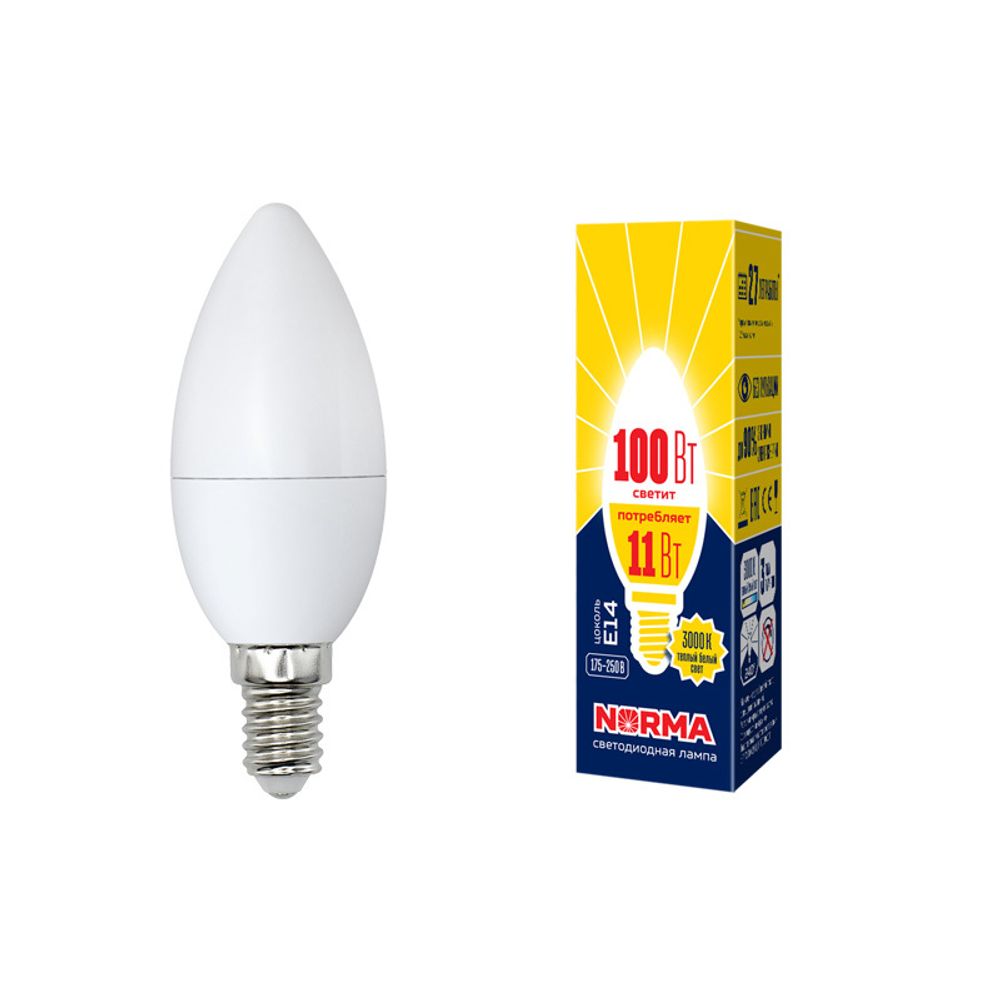 LED-C37-11W/WW/E14/FR/NR Лампа светодиодная. Форма свеча, матовая. Серия Norma. Теплый белый свет (3000K). Картон. ТМ Volpe