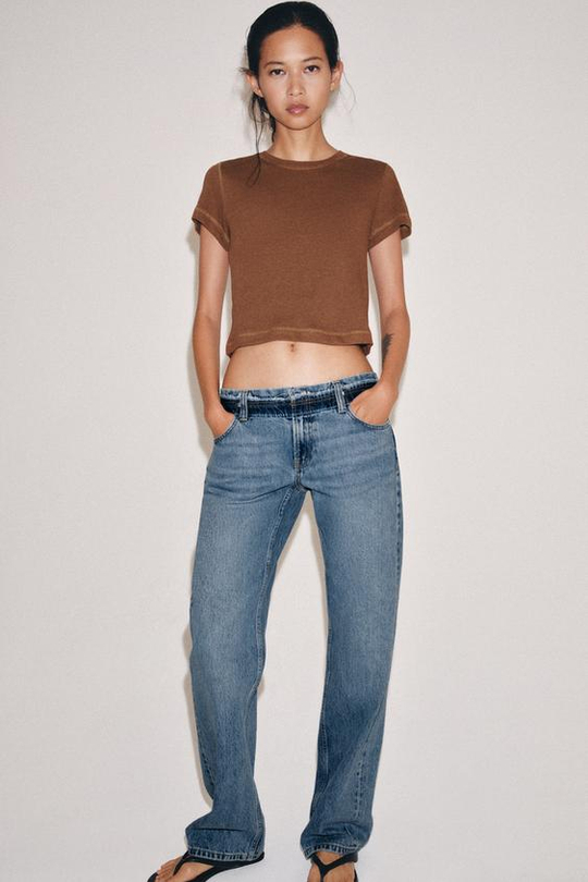 ZARA ФУТБОЛКА В СТИЛЕ РУСТИК С КОРОТКИМИ РУКАВАМИ, ЦВЕТ ЖЖЕНОГО АПЕЛЬСИНА