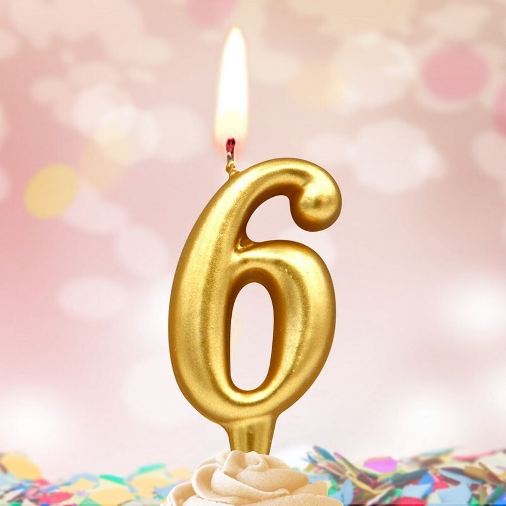 Свеча Цифра, 6, Золото, 6 см, 1 шт.
