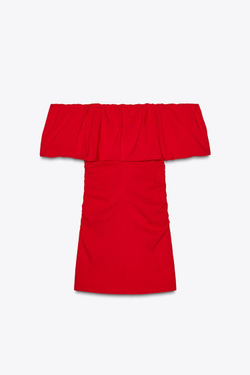 ZARА МИНИ-ПЛАТЬЕ С ВОЛАНОМ, КРАСНЫЙ