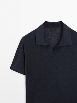 Massimo Dutti Льняной трикотажный свитер с воротником-поло, темно-синий