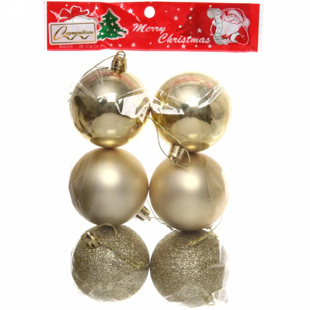 Новогодние шары 6 см (набор 6 шт) «Микс фактур», Золотой (пакет)