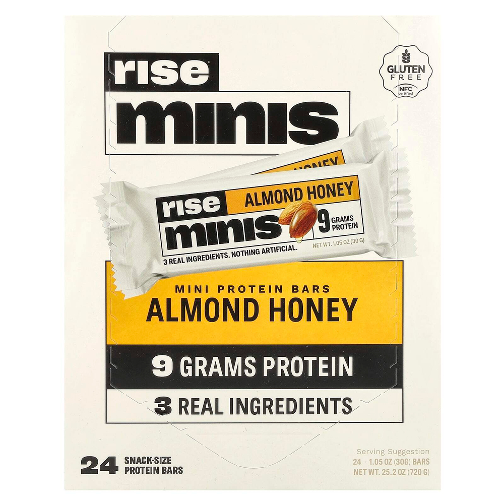 Rise Bar, Rise Minis, протеиновые мини-батончики, миндальный мед, 24 протеиновых батончика размером с порцию, 30 г (1,05 унции) каждый