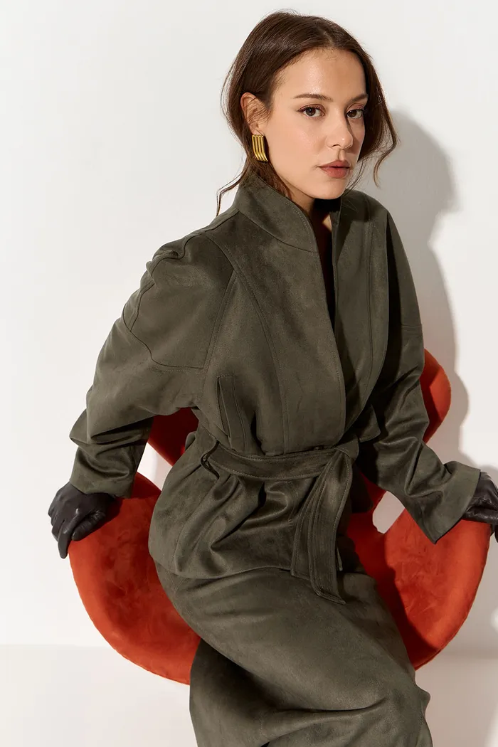 Куртка из экозамши с воротником стойкой цвета хаки