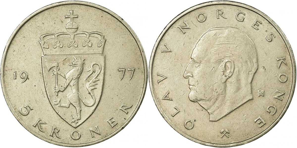 Норвегия 5 крон, 1974-1988 Король Улаф V XF