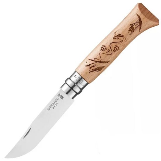 Складной нож Opinel №8 Alpine adventures, нержавеющая сталь, рукоять дуб, гравировка лыжи, 002188 c клинком из стали Sandvik™ 12С27