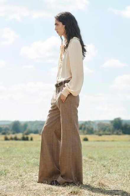 ZARA ШЕРСТЯНЫЕ БРЮКИ КЛЕШ В КЛЕТКУ, КОРИЧНЕВЫЙ