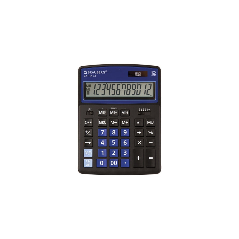 Калькулятор BRAUBERG EXTRA 12р /2 памяти/ (155*206) ЧЕРНО-синий, COLOR-12-BKBU
