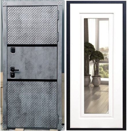 Входная металлическая дверь с зеркалом RеX (РЕКС) 15 Чешуя бетон темный, фурнитура ЧЕРНАЯ квадрат/ зеркало ФЛЗ-120 силк сноу