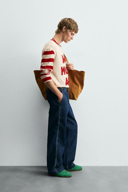 ZARA ФУТБОЛКА В ПОЛОСКУ ИЗ КОМБИНИРОВАННОЙ ТКАНИ, БЕЖЕВЫЙ