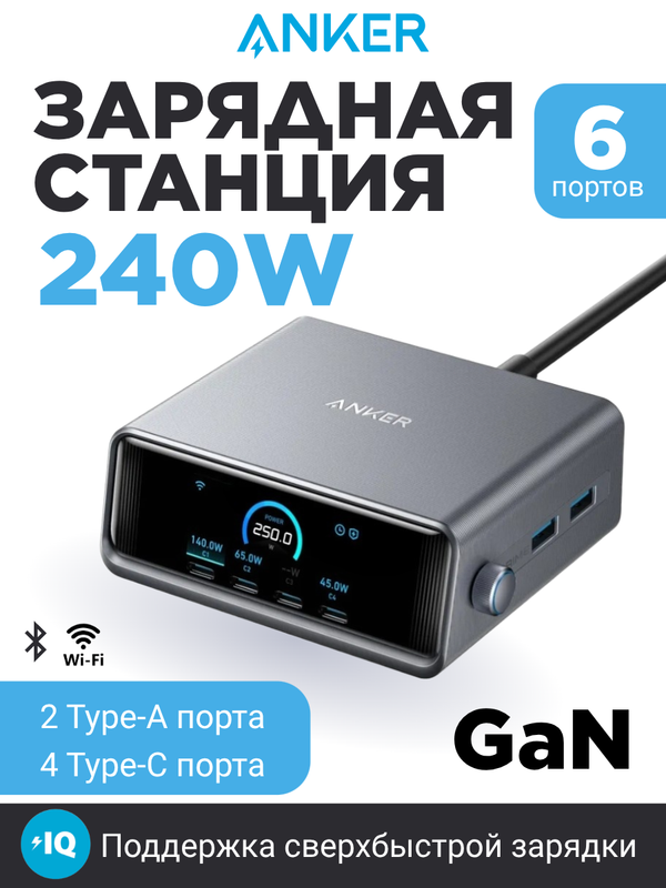 Сетевая зарядная станция Anker Prime GaN 250W, USB-C, ультрабыстрая 6-портовая зарядная станция Серая