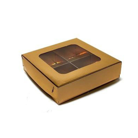 Коробка для 4 конфет с вклеенным окном 12*12*3 см (золото)